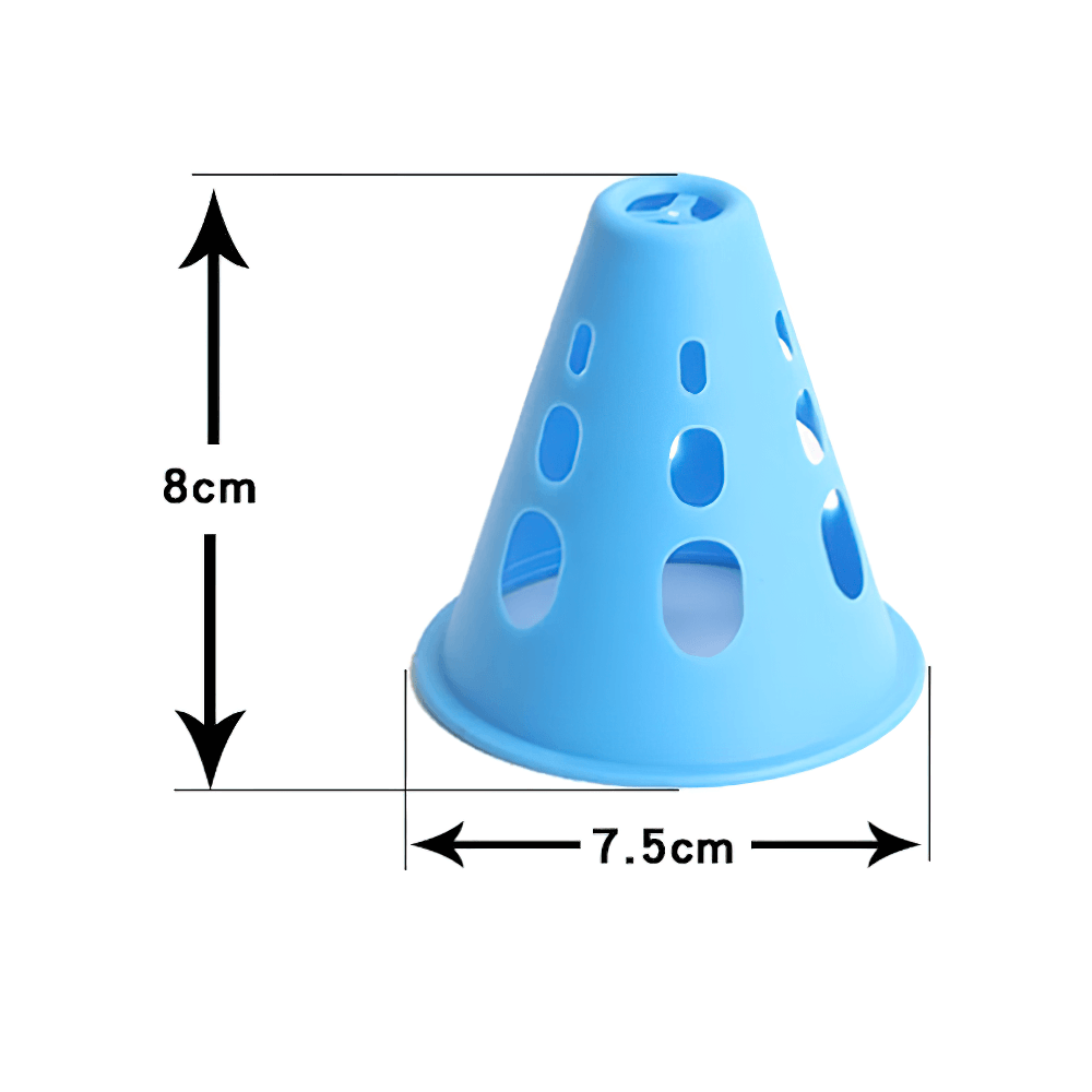 Blue windproof training cone with holes, 8cm height for soccer and skating. Portable and durable for outdoor sports use.